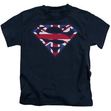 Navy kid's t-shirt for ages 4 to 7 with Superman Great Britian Shield graphic
