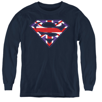 Navy youth long sleeve t-shirt with Superman Great Britian Shield graphic