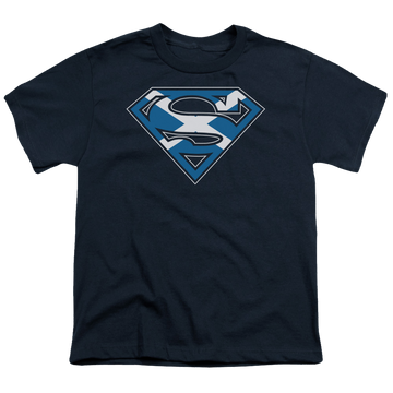 Navy youth t-shirt for ages 8 to 12 with Superman Scottish Shield graphic