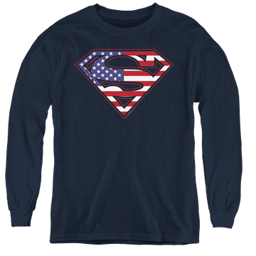 Navy youth long sleeve t-shirt with Superman U S Shield graphic