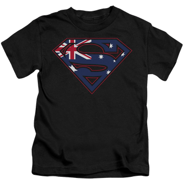 Black kid's t-shirt for ages 4 to 7 with Superman Australian Shield graphic