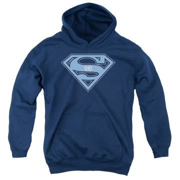 Navy youth hoodie for ages 8 to 12 with Superman U N Shield graphic