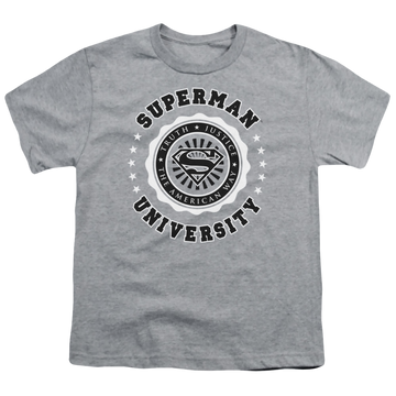 Athletic heather youth t-shirt for ages 8 to 12 with Superman University graphic