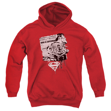 Red youth hoodie for ages 8 to 12 with Superman Identity graphic