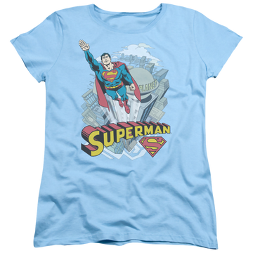 Light blue women's t-shirt with Superman Skyward graphic