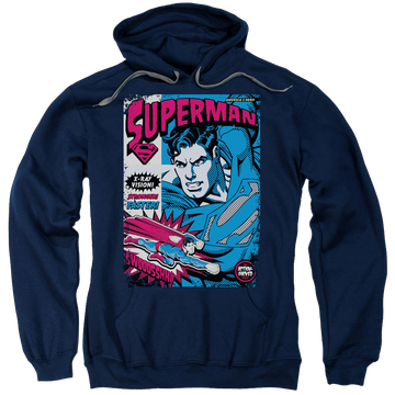 Navy pullover hoodie with Superman Action Packed graphic
