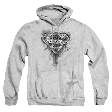 Athletic heather pullover hoodie with Superman Many Super Skulls graphic