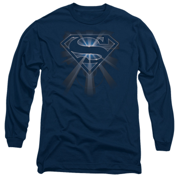 Navy men's long sleeve t-shirt with Superman Glowing Shield graphic