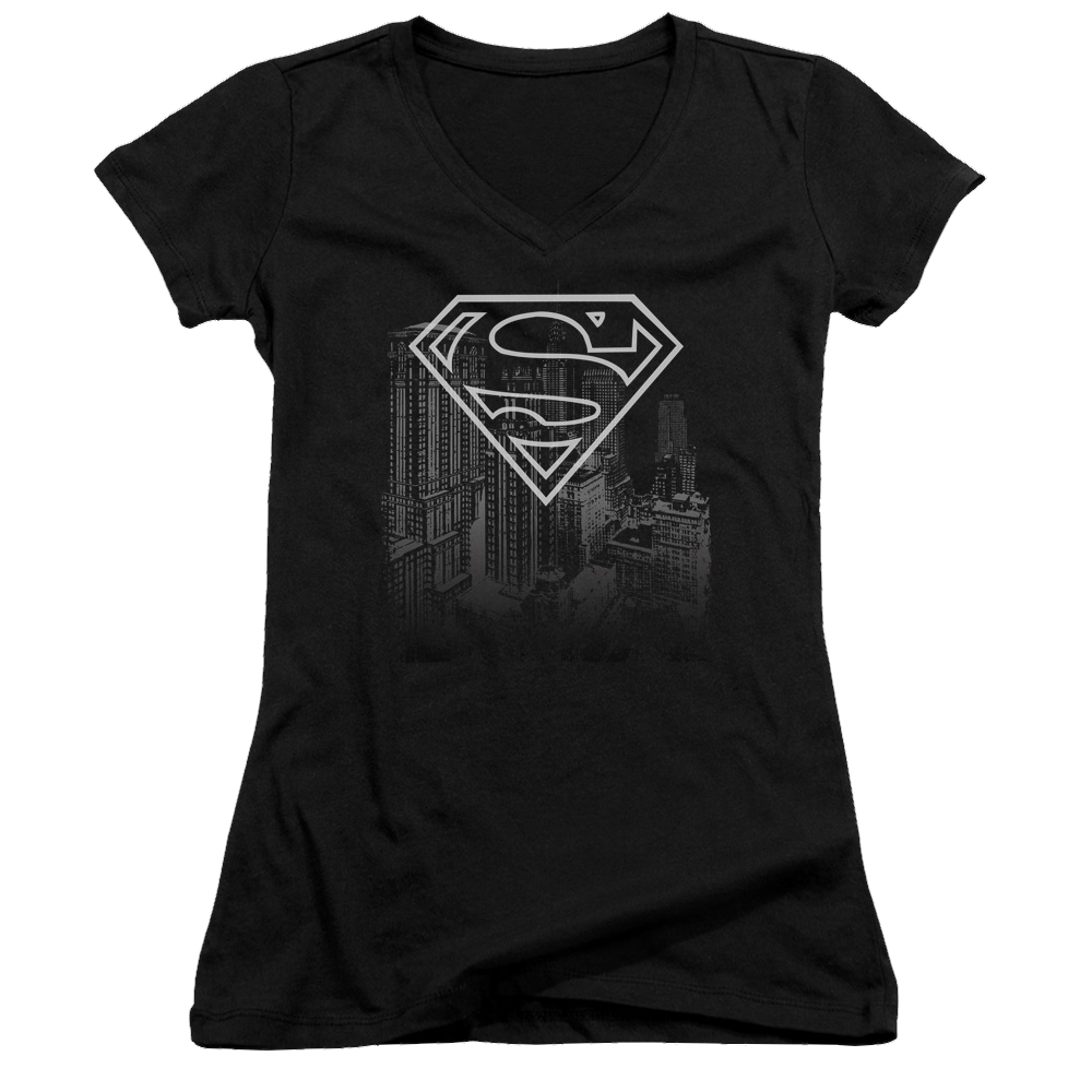 Superman Skyline - Juniors V-Neck T-Shirt Juniors V-Neck T-Shirt Superman