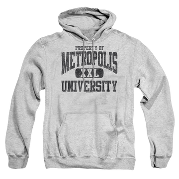 Athletic heather pullover hoodie with Superman Property Of Mu graphic