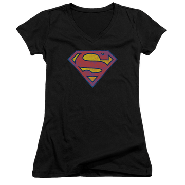 Superman Sm Neon Distress Logo - Juniors V-Neck T-Shirt Juniors V-Neck T-Shirt Superman