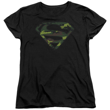 Black women's t-shirt with Superman Distressed Camo Shield graphic