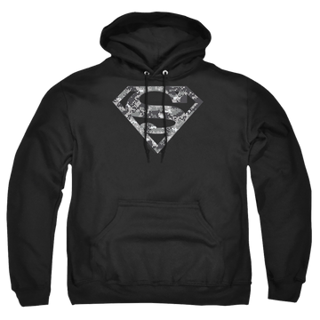 Black pullover hoodie with Superman Urban Camo Shield graphic