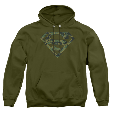 Military green pullover hoodie with Superman Marine Camo Shield graphic