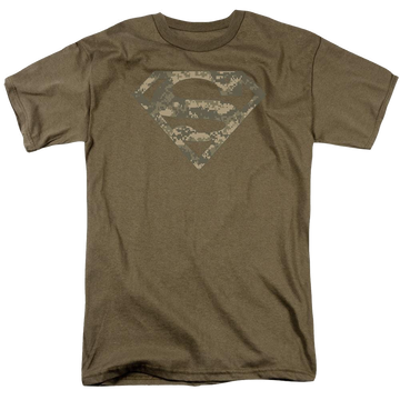 Safari green men's regular fit t-shirt with Superman Army Camo Shield graphic