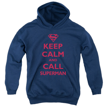 Navy youth hoodie for ages 8 to 12 with Call Superman graphic