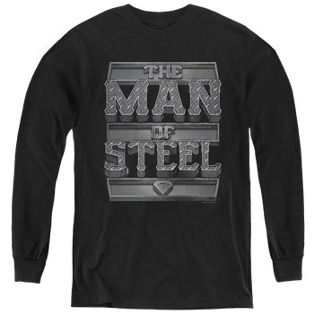 Black youth long sleeve t-shirt with Superman Steel Text graphic