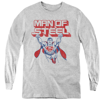 Athletic heather youth long sleeve t-shirt with Superman Steel Retro graphic