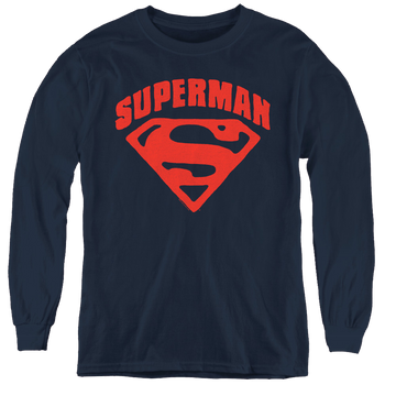 Navy youth long sleeve t-shirt with Superman Super Shield graphic