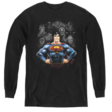Black youth long sleeve t-shirt with Superman Villains graphic