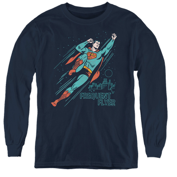 Navy youth long sleeve t-shirt with Superman Frequent Flyer graphic