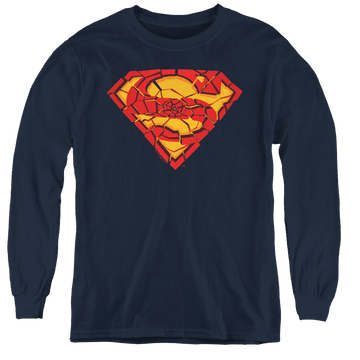 Navy youth long sleeve t-shirt with Superman Shattered Shield graphic