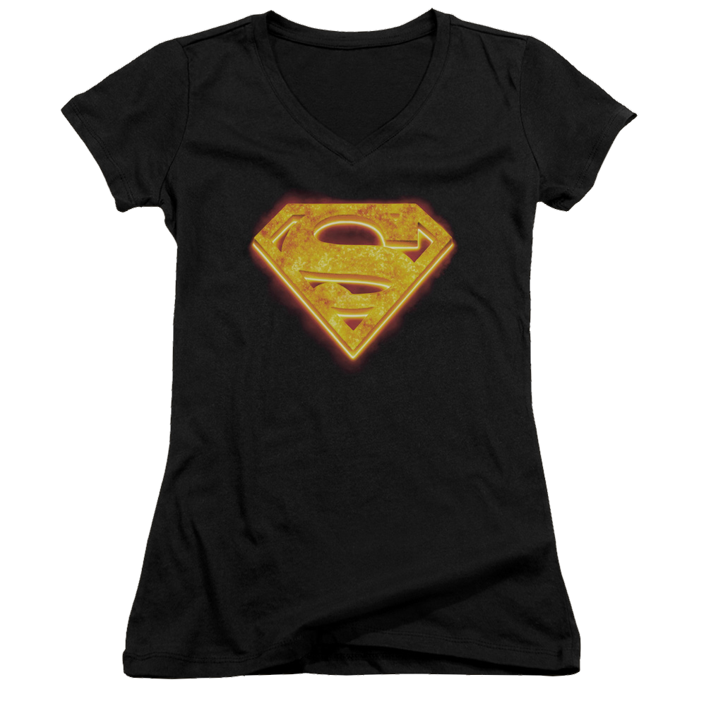 Superman Hot Steel Shield - Juniors V-Neck T-Shirt Juniors V-Neck T-Shirt Superman