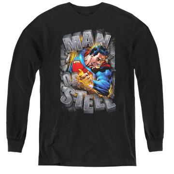 Black youth long sleeve t-shirt with Superman Ripping Steel graphic