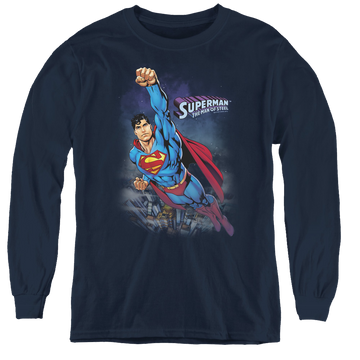 Navy youth long sleeve t-shirt with Superman Twilight Flight graphic