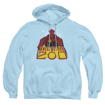 Light blue pullover hoodie with Superman Kneel Before graphic
