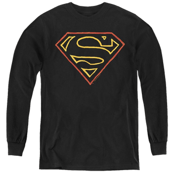 Black youth long sleeve t-shirt with Superman Colored Shield graphic