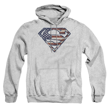 Athletic heather pullover hoodie with Superman Wartorn Flag graphic