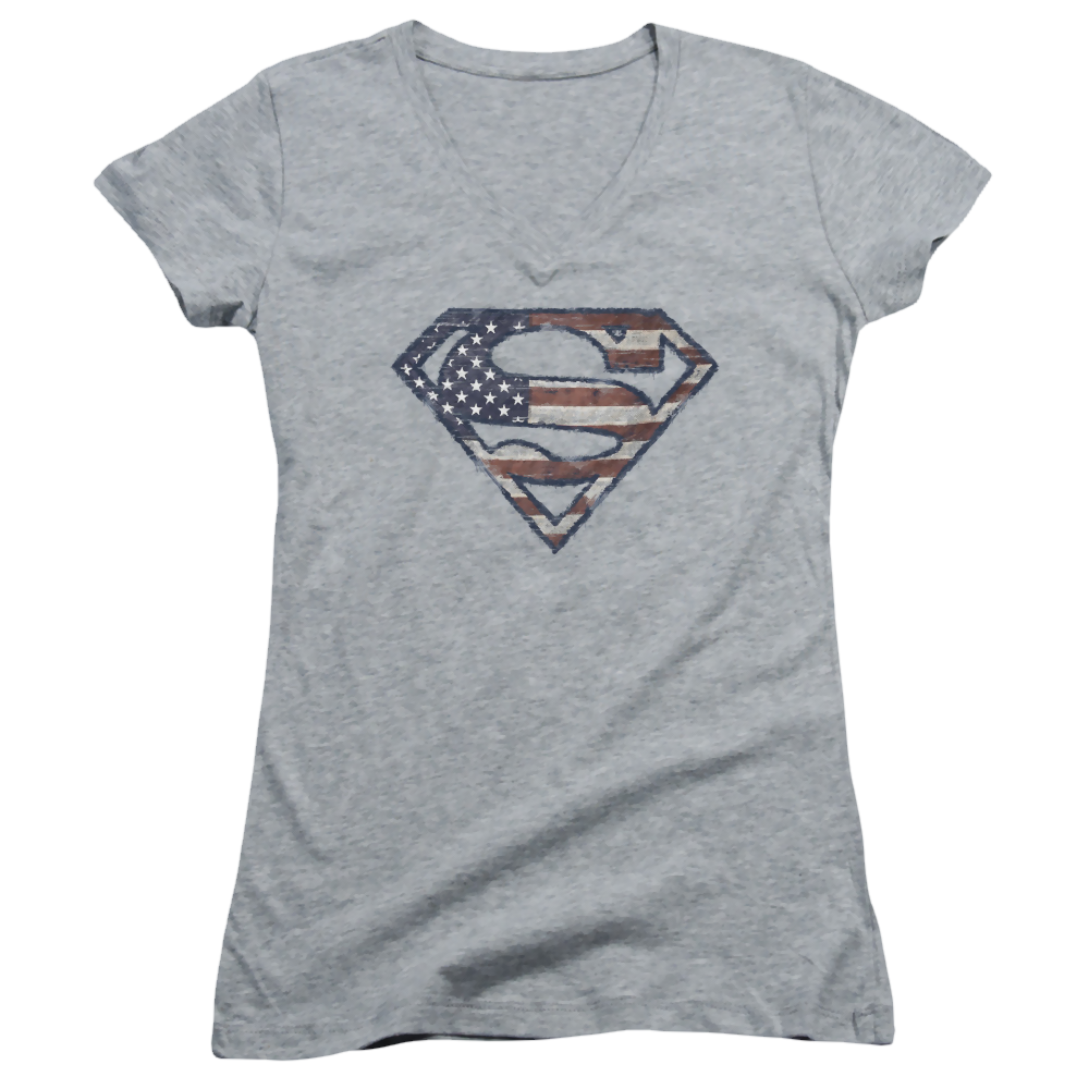 Superman Wartorn Flag - Juniors V-Neck T-Shirt Juniors V-Neck T-Shirt Superman