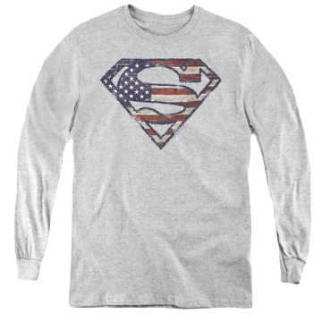 Athletic heather youth long sleeve t-shirt with Superman Wartorn Flag graphic