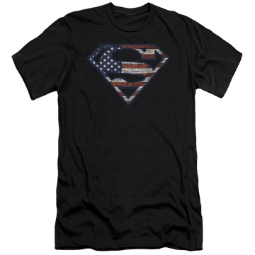 Black men's premium slim fit t-shirt with Superman Wartorn Flag graphic