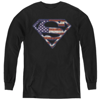 Black youth long sleeve t-shirt with Superman Wartorn Flag graphic