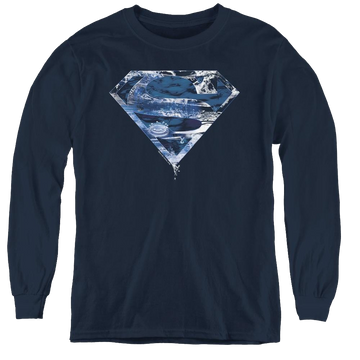 Navy youth long sleeve t-shirt with Superman Water Shield graphic
