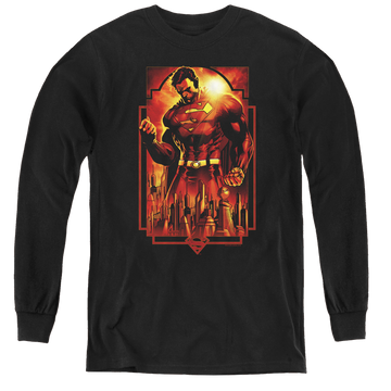Black youth long sleeve t-shirt with Superman Metropolis Deco graphic