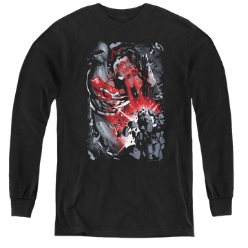 Black youth long sleeve t-shirt with Superman Heat Blast graphic