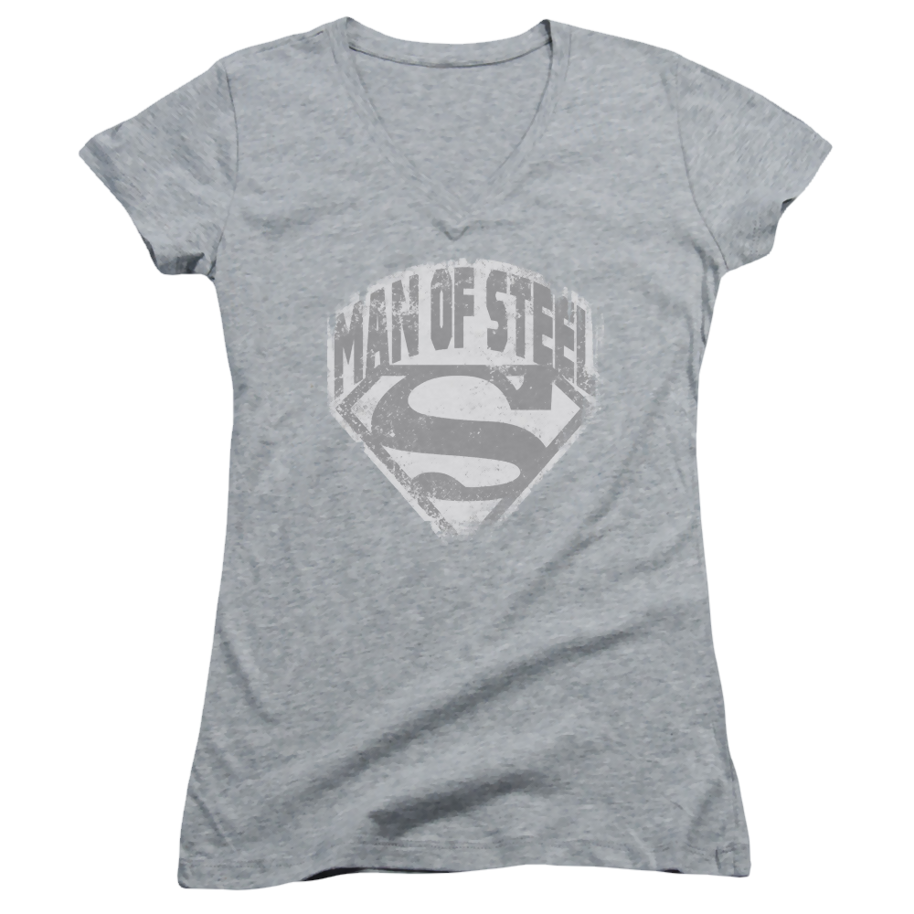 Superman Man Of Steel Shield - Juniors V-Neck T-Shirt Juniors V-Neck T-Shirt Superman