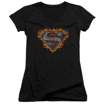 Superman Iron Fire Shield - Juniors V-Neck T-Shirt Juniors V-Neck T-Shirt Superman