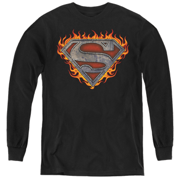 Black youth long sleeve t-shirt with Superman Iron Fire Shield graphic