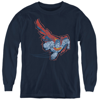 Navy youth long sleeve t-shirt with Superman Scribble & Soar graphic
