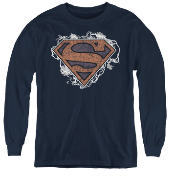 Navy youth long sleeve t-shirt with Superman Storm Cloud Supes graphic