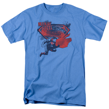 Carolina blue men's regular fit t-shirt with Superman Man of Steel Sheild Splat graphic
