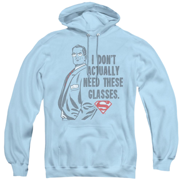 Light blue pullover hoodie with Superman Dont Need Glasses graphic