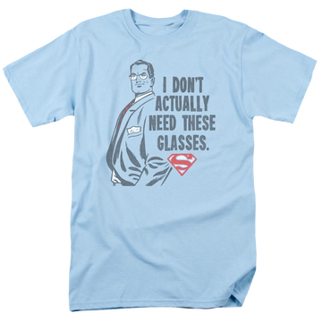 Light blue men's regular fit t-shirt with Superman Dont Need Glasses graphic