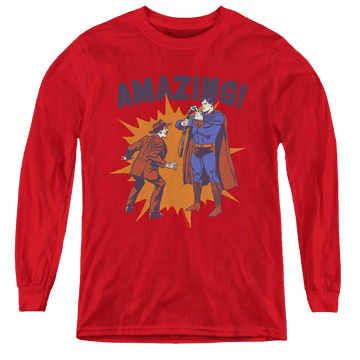 Red youth long sleeve t-shirt with Superman Amazing graphic