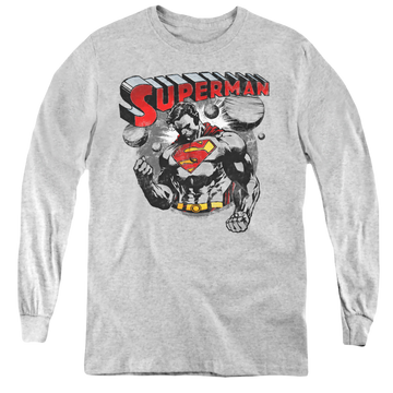 Athletic heather youth long sleeve t-shirt with Superman Super Ko graphic
