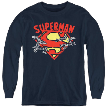 Navy youth long sleeve t-shirt with Superman Chain Breaking graphic